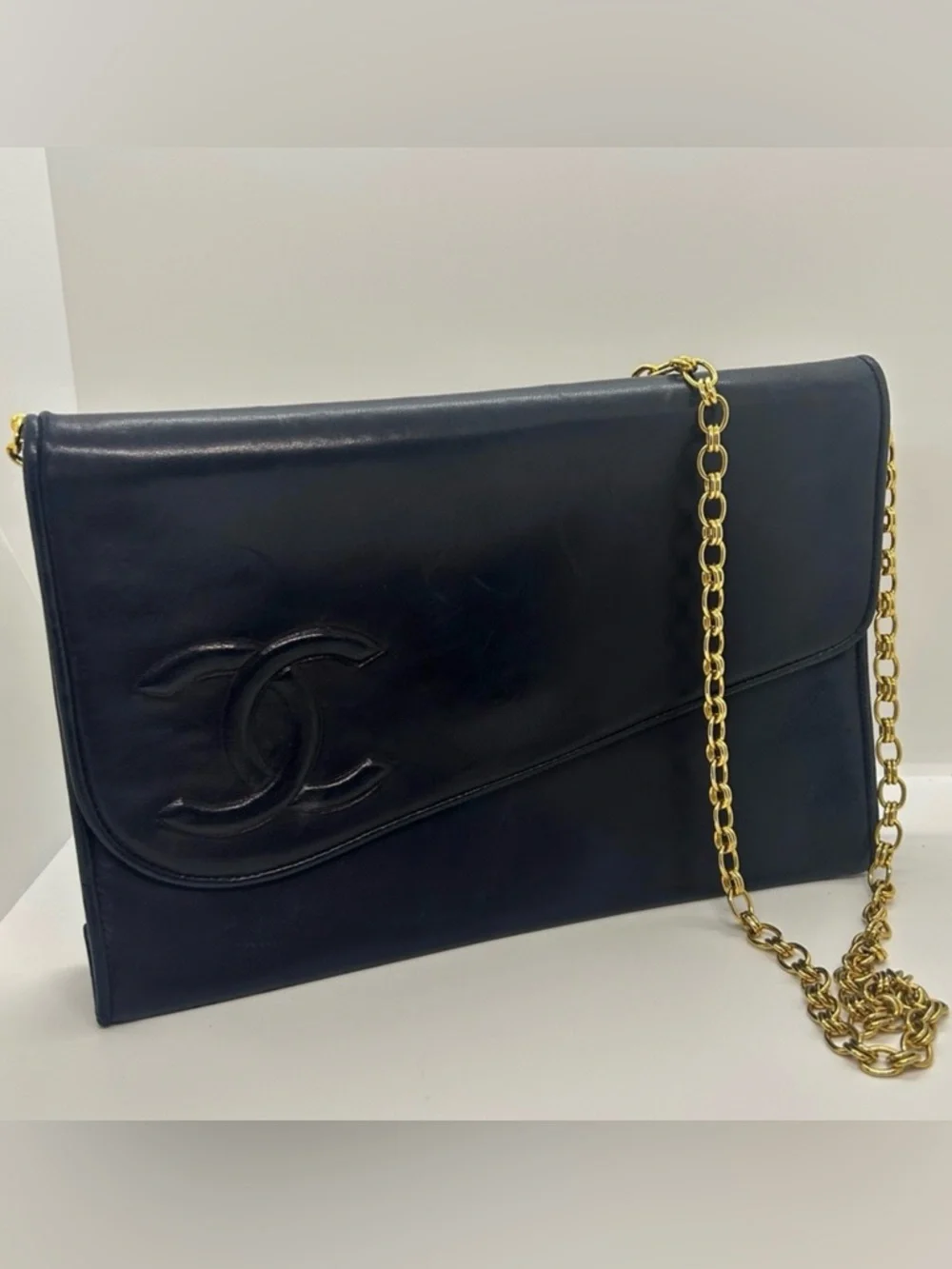 CHANEL Vintage Coco Mark Chain Navy Blue Lambskin Gold Chain Bag